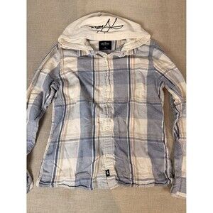Hollister BUTTON DOWN Men's Sz M Navy Blue Plaid Hooded Button Down Cotton Shirt